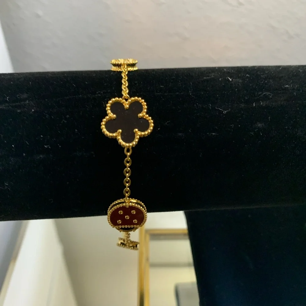 Gold Multi-Color Clover & Ladybug Charm Bracelet - Women Jewelry - Picture 4 of 5
